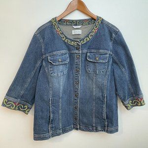 C.J. Banks by Christopher & Banks Embroidered Collarless Denim Jacket